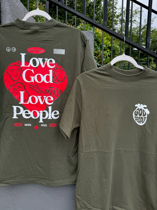 Heavyweight T-Shirt "Love God Love People" Green